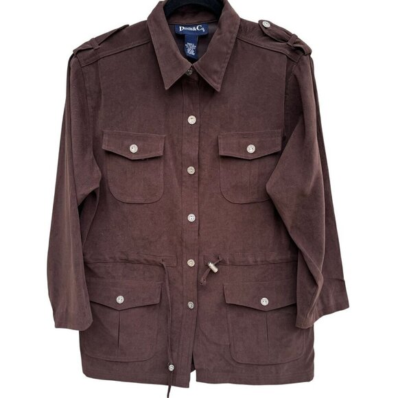 Denim & Co. Womens Brown Faux Suede Safari Military Drawstring Waist Jacket S - Picture 1 of 12